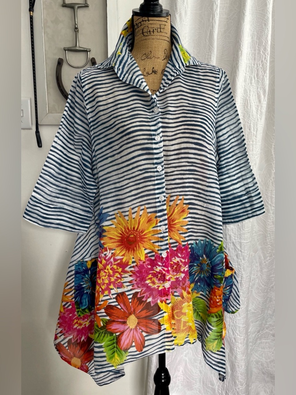 Orange Fashion Village Bold Floral Cotton Lagenlook Button Down Shirt Fits XL